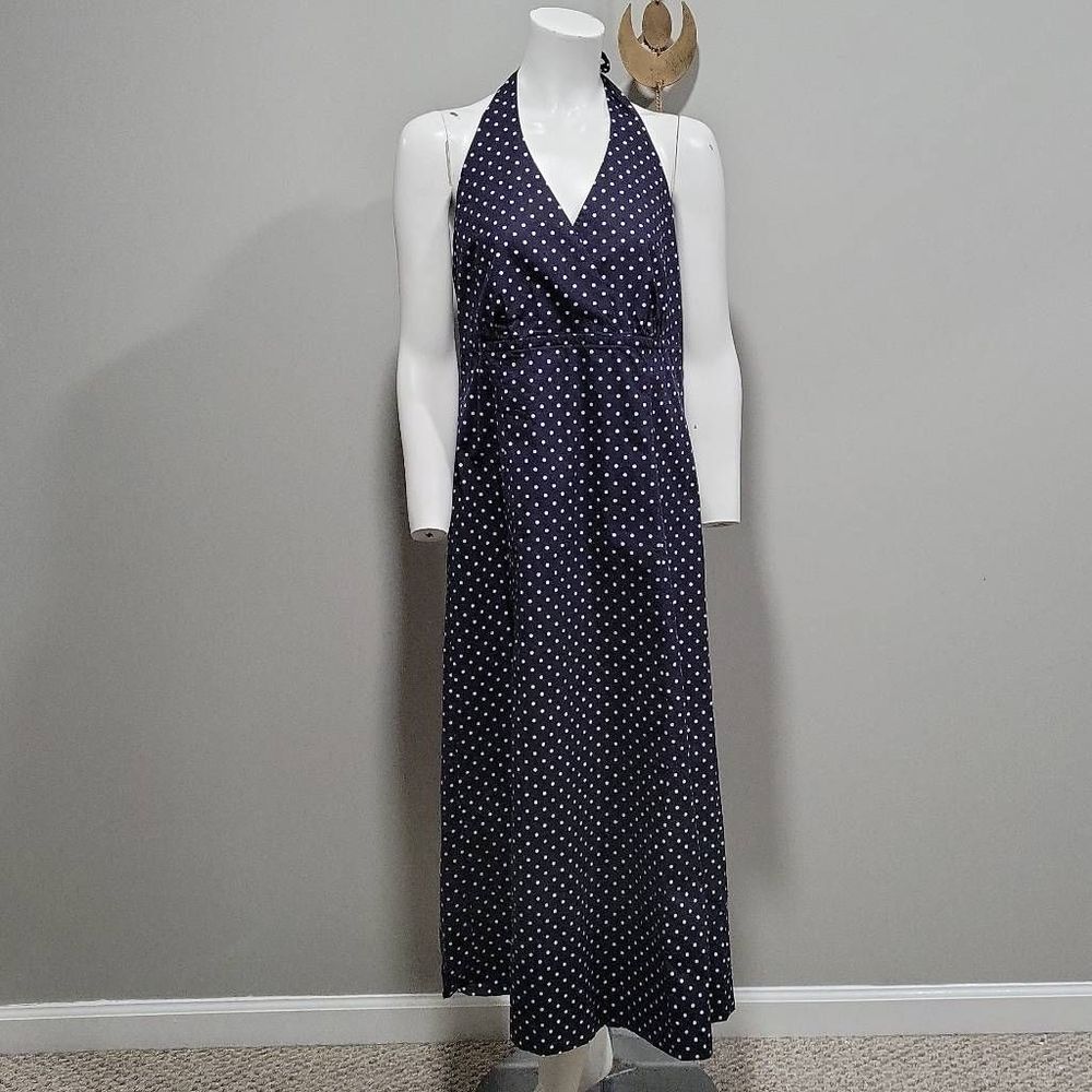 Lands End Midi Sun Dress Women Size 14 Blue White Polka Dot Halter Surplice Sexy